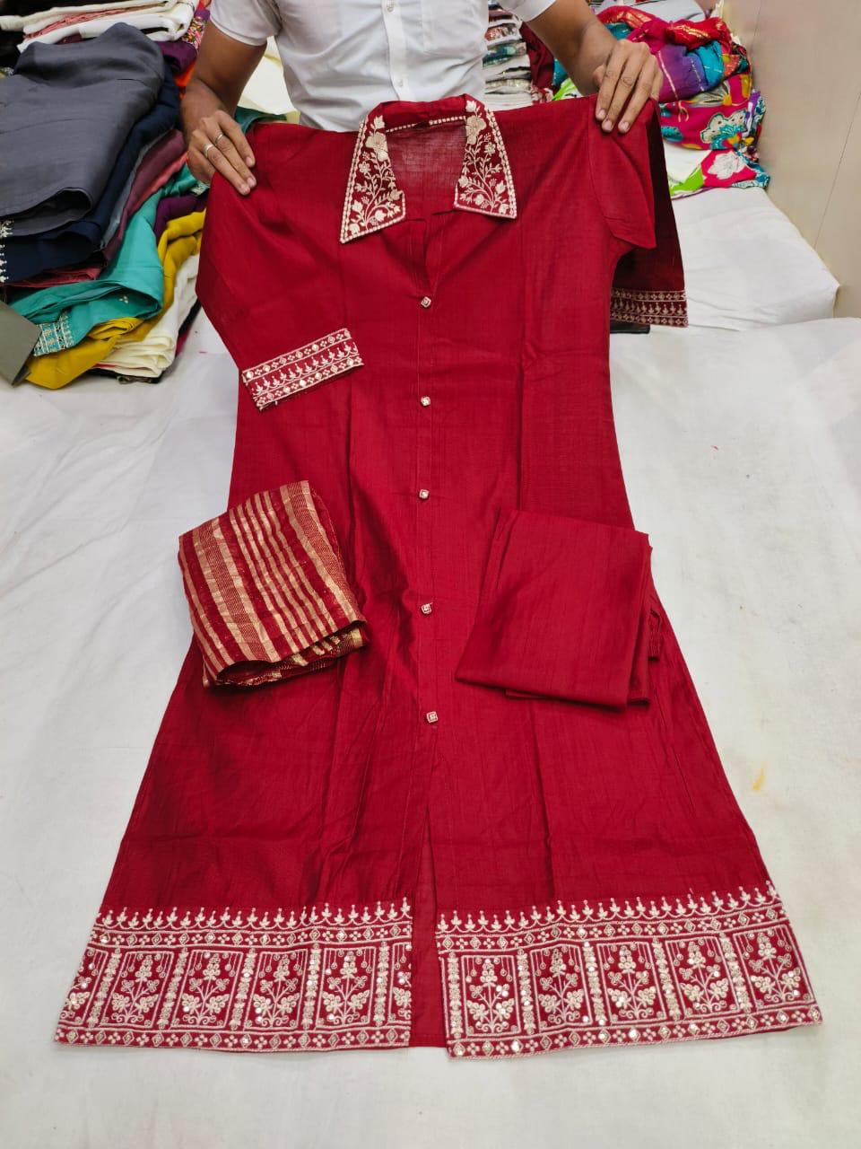 Red silk cord set with embroidered collar