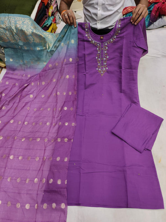 Purple with teal blue silk kurta set